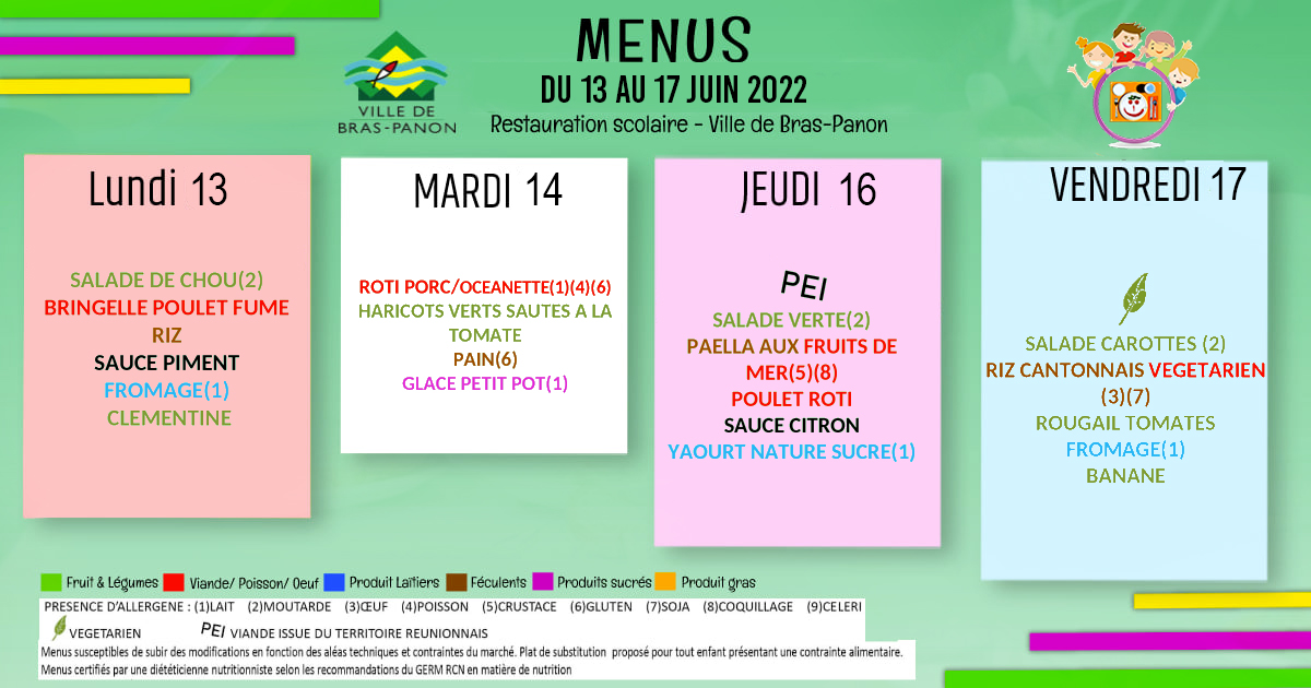 Menus des Ecoles du 13 au 17 juin 2022.